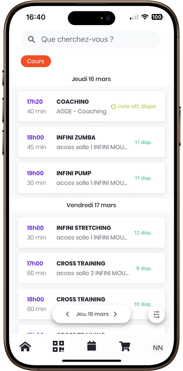 Application Xplor Active — planning des cours